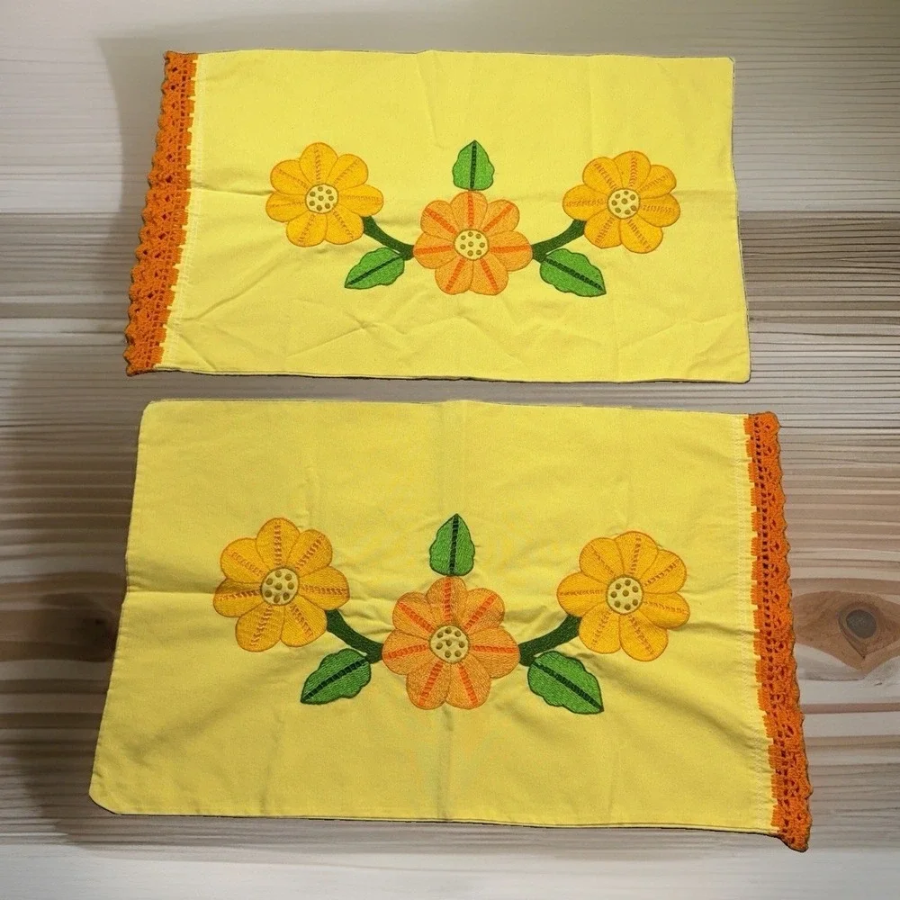 Vintage Cottagecore Hand Embroidered Pillowcase Set Standard Lot of 2 Yellow